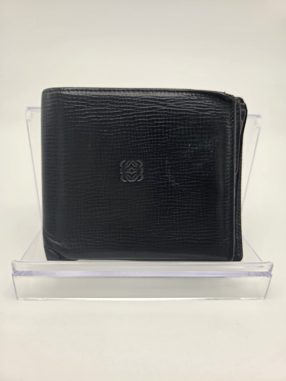 Vintage LOEWE Black Leather Bifold Wallet Embossed Anagram Slim Spain